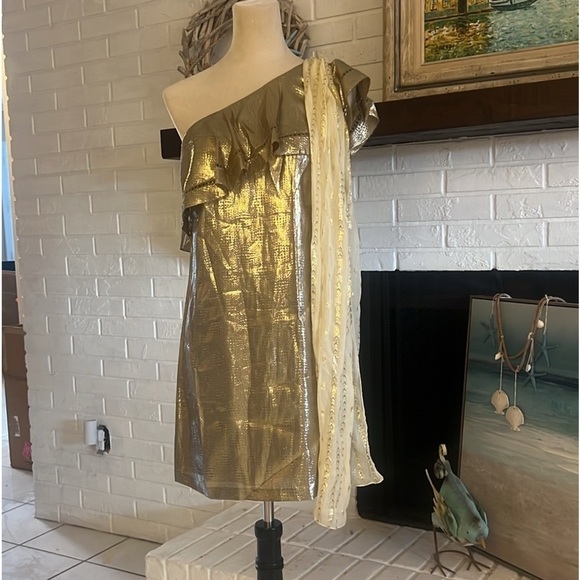 NWT Rachel Zoe,(MSRP $395),SILK Gold Lam’e Blended One-Shoulder Dress, Cocktail - Picture 10 of 16